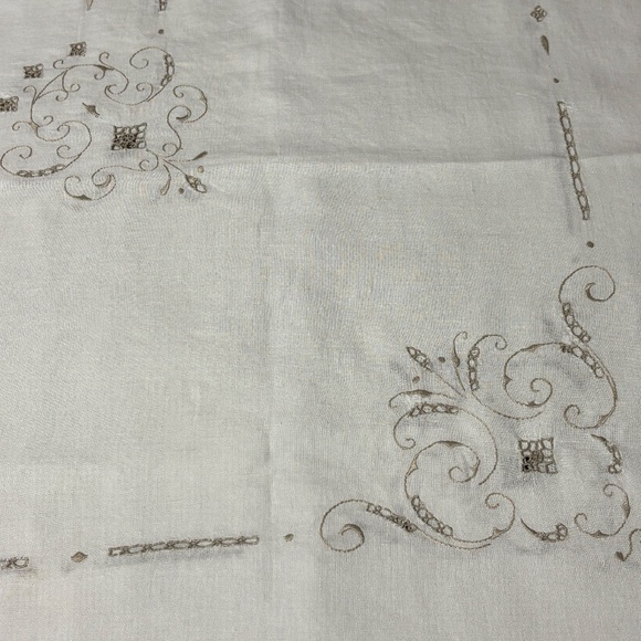 VTG Embroidery Lace Linen Tablecloth 66 X 82 Ivory Seat 6-8 Flaws/ Repairs - Picture 3 of 14